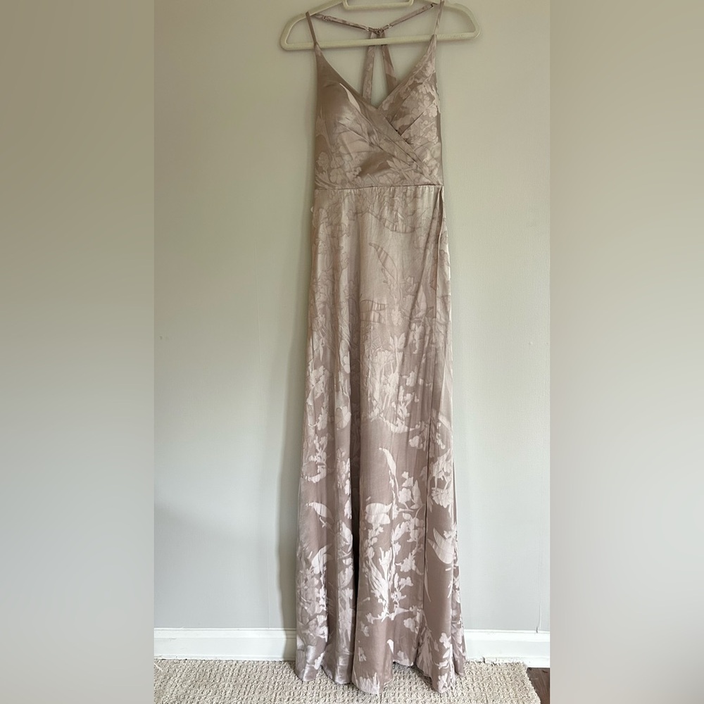 NWT AZAZIE Gabrielle Taupe Satin Jacquard Maxi Dress Formal Bridesmaid Prom Sz 8 - Picture 2 of 12